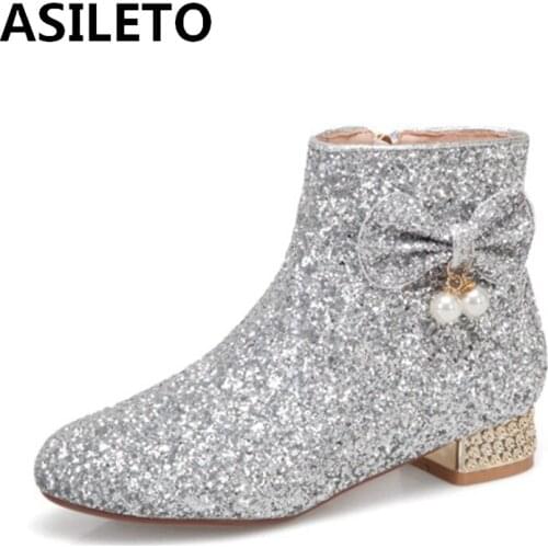 ASILETO Princess Ankle Boots Bowtie Pearl Crystal Sequined Cloth Round Toe Shiny Zip 2.5cm Short Heel US12 Gold Silver A4214
