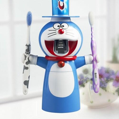 Automatic Toothpaste Dispenser Creative Cartoon Doraemon Toothpaste Squeezer Wall Mount Stand Dust-Proof Cup