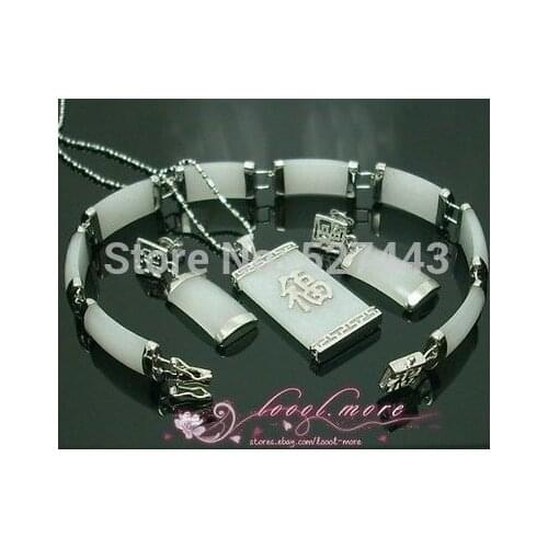 FREE SHIPPING>>@> Wholesale JWEW6522 white jade Jewellery necklace bracelet earring set Natural jewelry