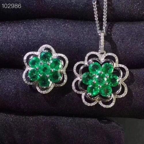 Flower Natural and Real Emerald jewelry set Natural Real Emerald 925 sterling silver 1pc pendant,1pc ring