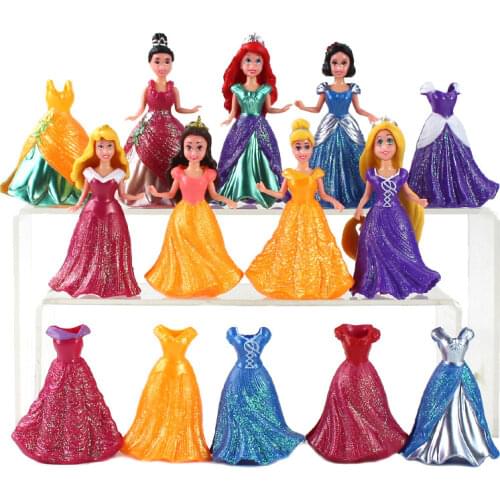 9cm 14pcs/Lot Disney Princess Snow White Mermaid Cinderella Sleeping Beauty Action Figure With Magic Clip Dress Model Toys Doll