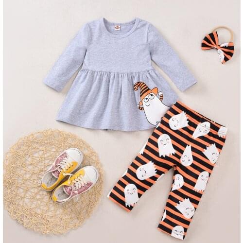 FOCUSNORM Halloween Baby Girls Clothes Sets 3pcs Cartoon Printed Long Sleeve Tops Striped Pants Headband 0-4Y