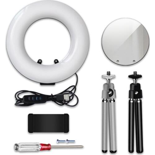 4-in-1 5W USB LED Ring Light with Mirror Tripod Stand Cell Phone Holder Table Dimmable Selfie light For Live Studio Makeup