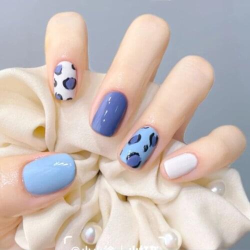 Short Nail Piece False Nails 24 PCS Save Time Adhesive Jelly Fake Nail Patch Blue Cow Manicure for Nail Salon Art DIY DL