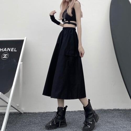 Korean Girl Fashion Trend Goth Skirt for 2021 Summer Vintage Women Clothes Teenage Side Pocket White Long Skirts Chic Streetwear