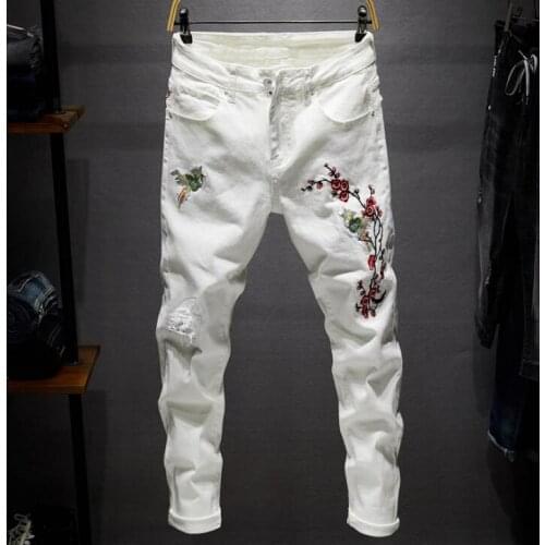 Cheap Embroidery jeans men biker jeans men trousers male denim pants masculino motorcycle fashion designer