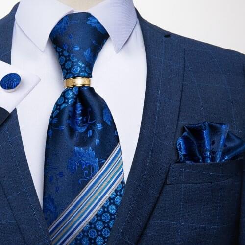 Mens Tie Handkerchief Cuffink Necktie Set Jacquard Woven Silk blue Wedding Formal Business Party Necktie ring set DiBanGu