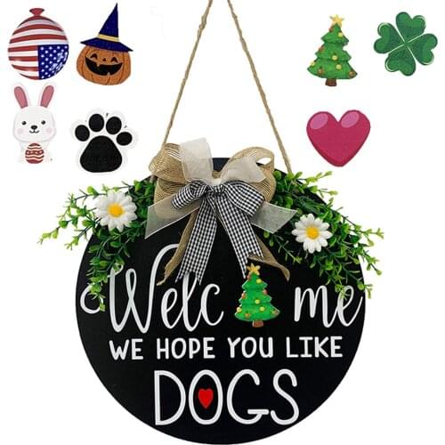 We Hope You Like Dogs Welcome Sign Farmhouse Decor Wood Wreath Front Door Sign Round Prompt Hanging Decoration