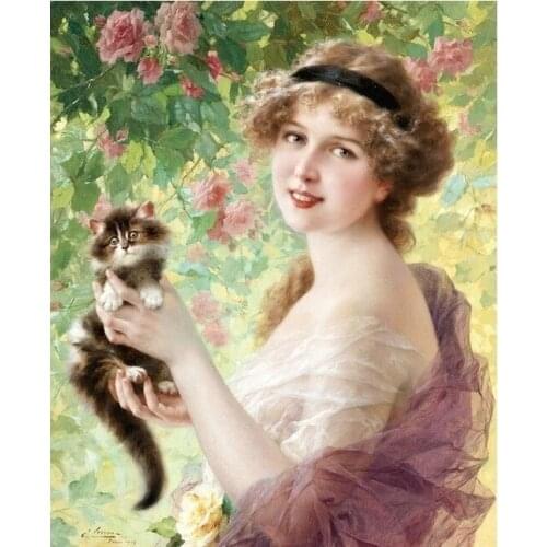 Beautiful girl and cat people Art Needlework,Bricolage Cross stitch kits Embroidery kits Canvas Patterns,DIY Handmade Decor