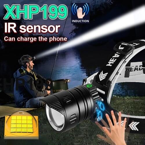 Super XHP199 Powerful Led Headlamp High Power LED Headlight 18650 Rechargeable Head Flashlight XHP120 IR Sensor Head Lamps Light