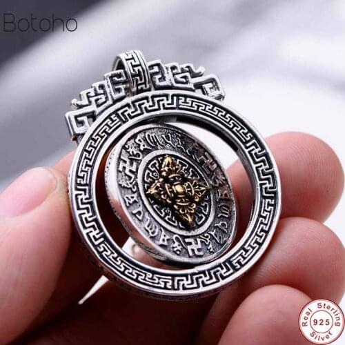 S925 Silver colour Tibetan OM Six Words Pendant Sterling Tibetan Dorje Pendant Vintage Pure Silver colour Buddhist Vajra Pendant