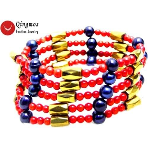 Qingmos Natural Coral Bracelet for Women with Red Coral & Hematite Magnetic & Black Pearl Necklace Bracelet Jewelry 29'' nec6069