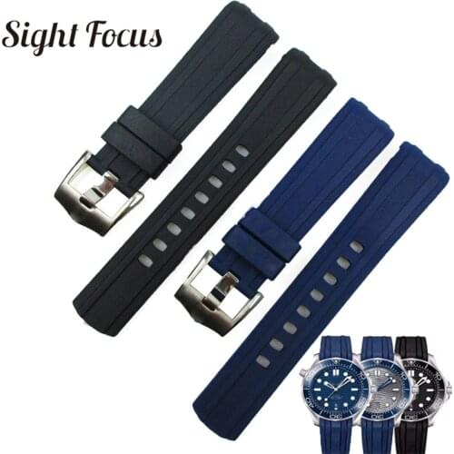 20mm Curved End Rubber Watch Strap for Omega Seamaster 300m Waterproof Diver Commander 007 Black Blue Watchbands Belt Bracelets