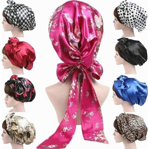 2021 New Women Silk Shower Cap Satin Night Sleep Cap Hair Bonnet Hat Head Cover Turban Headscarf Waterproof Shower Caps