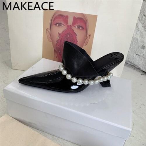 Patent leather Pearl Chain Decoration Kitten Heel Women Slippers Pointed Toe Ruffles Slip-On Party Shoes Mules Shoes Woman New