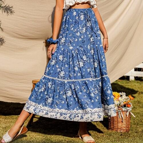 GypsyLady Blue Floral Maxi Skirt Spring Vintage Casual Women Skirt Beach Holiday Rayon Elastic Waist Lace Tie Up Chic Skirts New