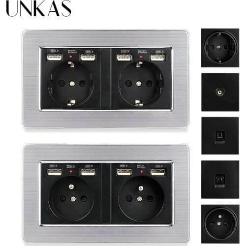 UNKAS EU French Socket Dual USB Port + TV RJ11 Telephone RJ45 Internet Computer Jack 146mm * 86mm Black Stainless Steel Panel