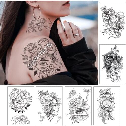 Girl In The Flower With Rose Cornflower Waterproof Temporary Tattoo Sticker Black Tatto Body Art Big Arm Hand Women Fake Tatoo
