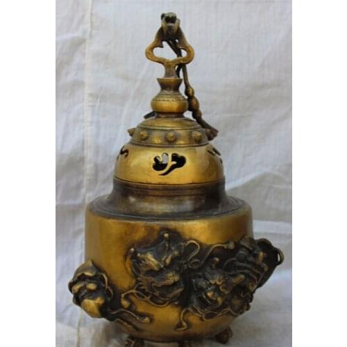 Xd 002019 14" China Bronze Temple Gourd Japan God Devil Head Statue Incense Burner Censer