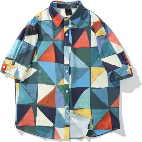 Vintage Long Sleeve Shirt Colorful Geometric Print Women Clothes 2020 Autumn Stitching Color Women shirt Loose
