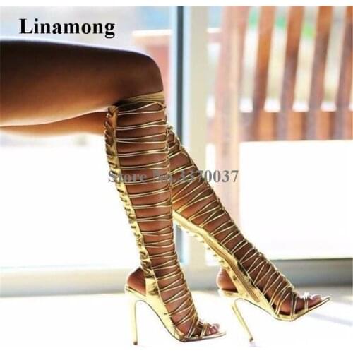 Women Sexy New Fashion Gold Black Strap Cross Knee High Gladiator Boots Cut-out Bandage High Heel Long Boots Dress Shoes