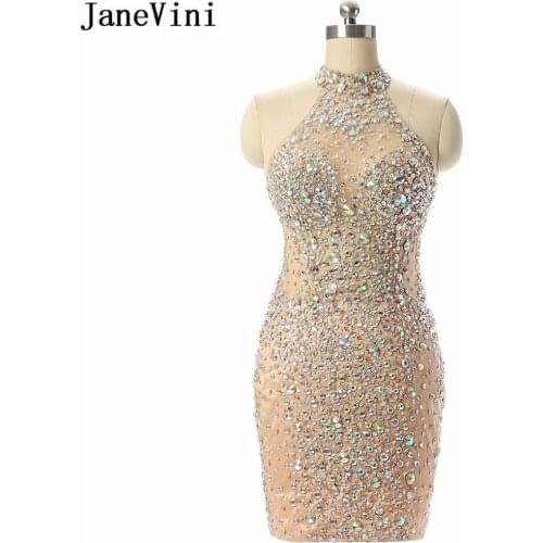 JaneVini Sexy Sequins Champagne Straight Short Evening Dresses Halter Full Beaded Illusion Satin Gown Formal Dubai Evening Dress