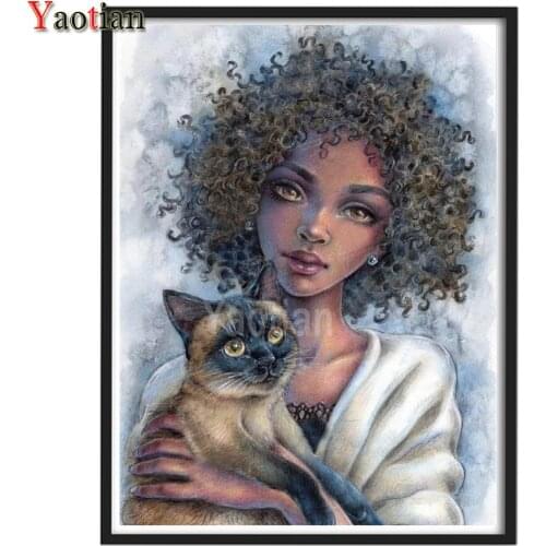 Diy Diamond Painting Full Drill African woman and cat Diamond Mosaic Embroidery Cross Stitch Interior Decor Painting Handicraft