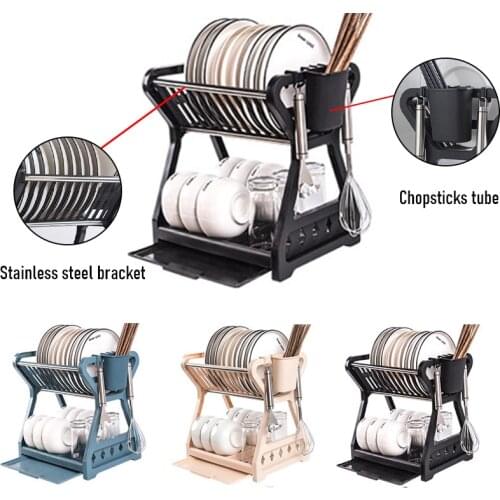 Double-Layer Drying Rack Household Kitchen Draining Storage Rack with Chopstick Cage Dish Filter Rack Tableware Organizer Tray