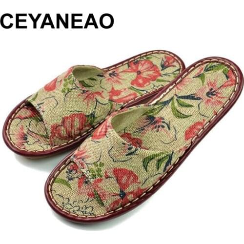 CEYANEAONew Printed Linen Slippers For Home Family Summer Cow Muscle Heavy-BottomedWomen SandalsIndoor FloorSlip Home Flat Shoes