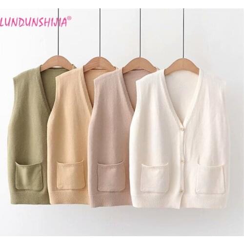 LUNDUNSHIJIA 2019 New Spring Autumn Women Cardigan Vest Tops Femme V-neck Loose Vests Outwear 4 Colors
