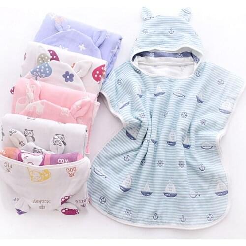Gauze Cotton 6 Layers Baby Bath Towel With Hood Kids Ponchos Animals Pattern Infant Beach Cloak Towel