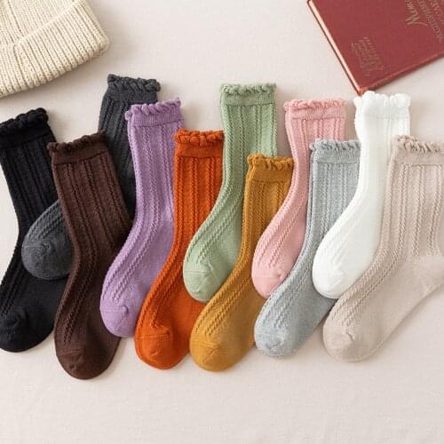 Cute Woman Socks Ruffle Frilly Breathable 1Pair Japanese Style High Elasticity Cotton Pure Color Mid Tube Socks