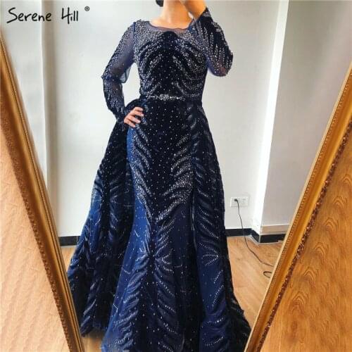 Muslim Luxury Navy Blue Evening Dresses 2021 Long Sleeves Mermaid Dress With Skirt Sexy Formal Dress Serene Hill LA60914