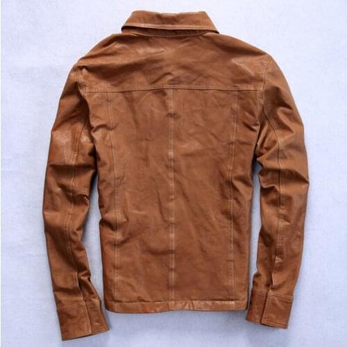 New arrival mens fashion brown turn down collar sheepskin male thin leather jacket men M-XL skin shirt