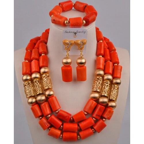 Original Coral African Beads Jewelry Set Real Coral Beads and Gold Dubai Women Costume Jewelry Set Coral Party Jewelry 21-E3-L4