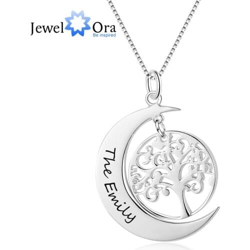 Moon Shape Life Of Tree Design Personalized Engrave Name Necklace 925 Sterling Silver Necklaces & Pendants (JewelOra NE102382)