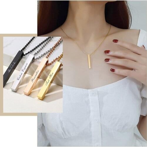 Simple Custom Engrave 3D Vertical Bar Necklaces for Women Minimalist Stainless Steel Geometric Pendant Personalize Gifts Jewelry