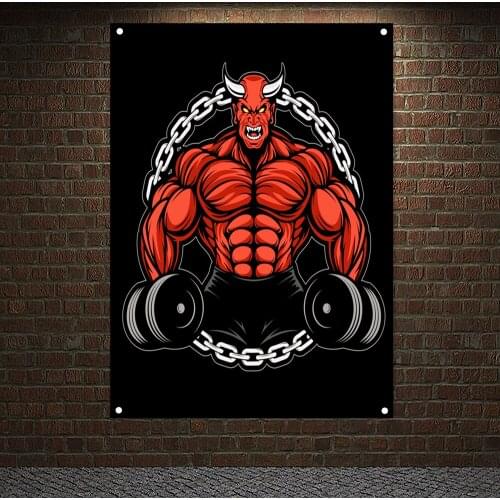 Lift Dumbbells Poster Bull Muscular Body Workout Banner Wall Hanging Tapestry 4 Grommets Custom Flag Painting Gym Wall Decor B1