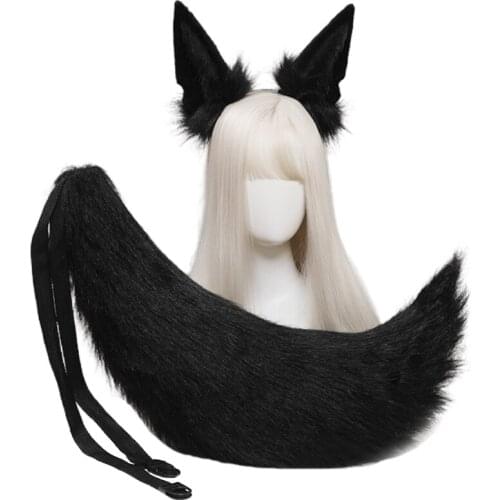L93F Faux Fur Animal Headbands Furry Animal Wolf Ears Headwear Tail Set Kawaii Hair Hoop for Halloween Cosplay Party Supplies