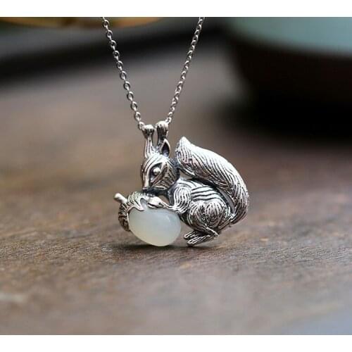 S925 Silver Natural Hotan Jade White Jade Mosaic Squirrel Pine Hanging Female Clavicle Chain Hanging Wholesale