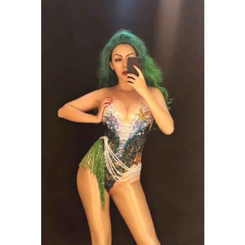 Sexy Sparkly Rhinestones Pearls Chain Bodysuit Bright Green Fringe Leotard Singer Costume Nightclub Birthday Celebrate Costume