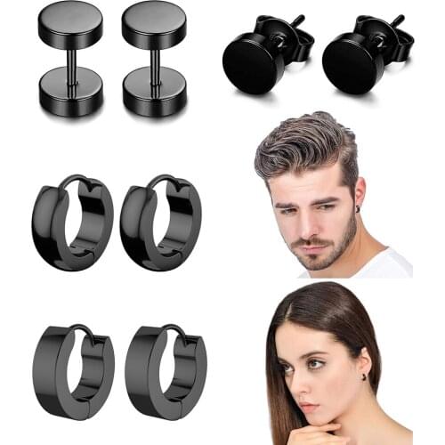 1 Set 4 Pairs Unisex Round Hoop Ear Tragus Studs Plugs Black Stainless Steel Daith Earrings Helix Lobe Piercings Rings Jewelry