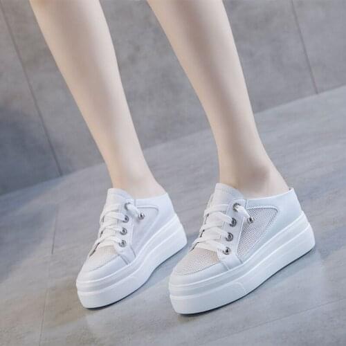 Mesh + Real Leather Slippers Cool Wedged Shoes Plus Size High Heeled Mules Woman Shoes Flatform Slippers Women White Silver