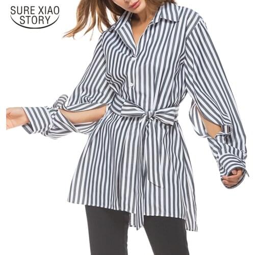 2021 Autumn Fashion Woman Shirt Long Sleeve Women Tops Blouse Belt Striped Single-breasted Casual Office Lady Clothing 10300