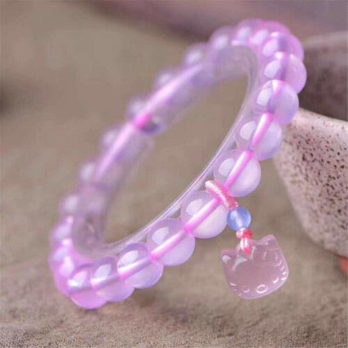 Genuine Natural Pink Rose Quartz Stretch Bracelet Crystal 8mm Woman Round Beads Cat Pendant Love AAAAA