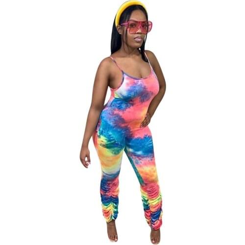 2020 Women Tie Dye Galaxy Print Spaghetti Strap Stacked Jumpsuit Romper Bodysuit Night Party Playsuit Pleated One Piece Outfits