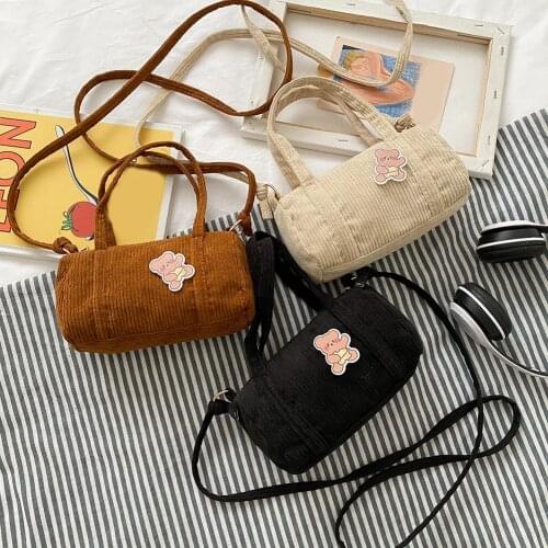 Women Casual Bear Pattern Cylinder Money Purse Cute Corduroy Small Pillow Shaped Crossbody Bag Solid Color Messenger Handbags