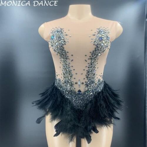 Women Sexy Stage Black Rhinestones Feather Bodysuit Transparent Costume Outfit Party Wear Female Singer Dance Stage Leotard