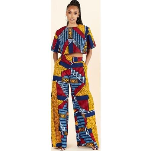 Geometric Pattern Two Piece Tracksuit Womens Suit Short Sleeve O-neck Crop Top and Wide Leg Trouser Indie Folk Style Outfits