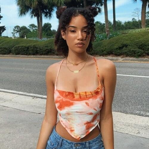Fashion Tie Dye Print Summer Halter Sexy Backless Lace Up Crop Top Tube Girls Cropped Feminino Cute Top Streetwear